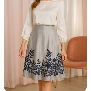 Chico's midi skirt linen silk cotton blend brown embroidered pleated lined SZ 3